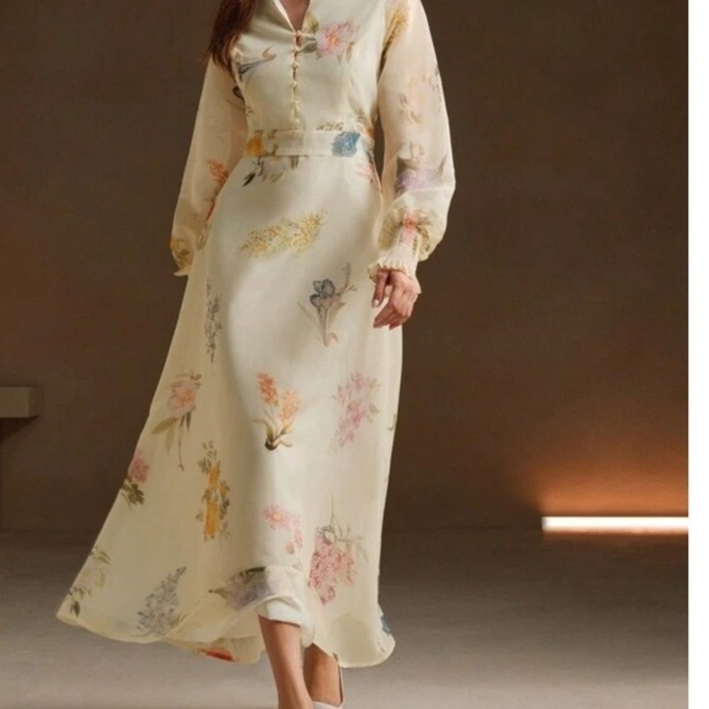 🆕️ *NWT* Anewsta Floral Maxi‎ Dress Ivory Sheer Long Sleeve Party Cocktail M